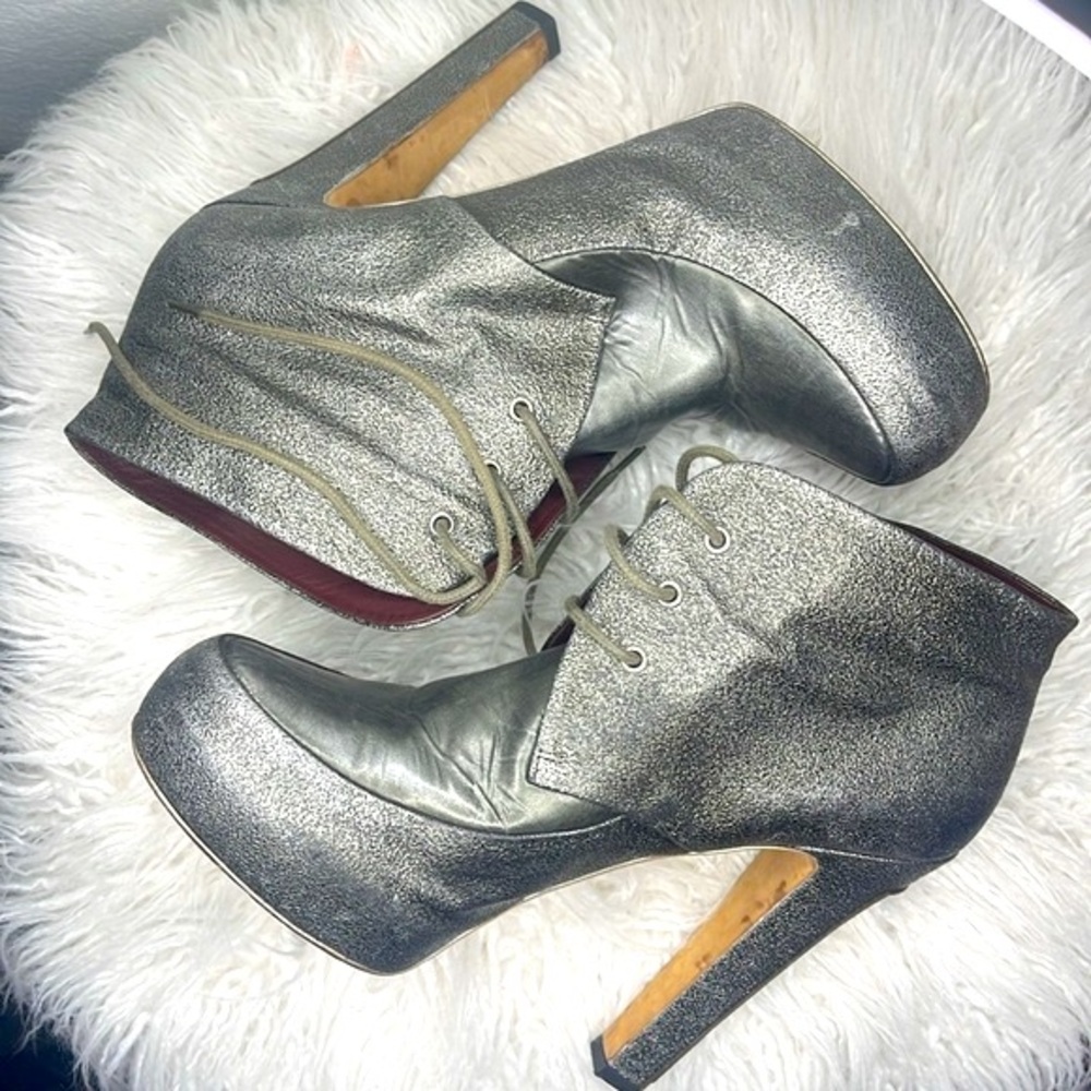 CHANEL spiked high heeled lace up booties gun metal with spikes